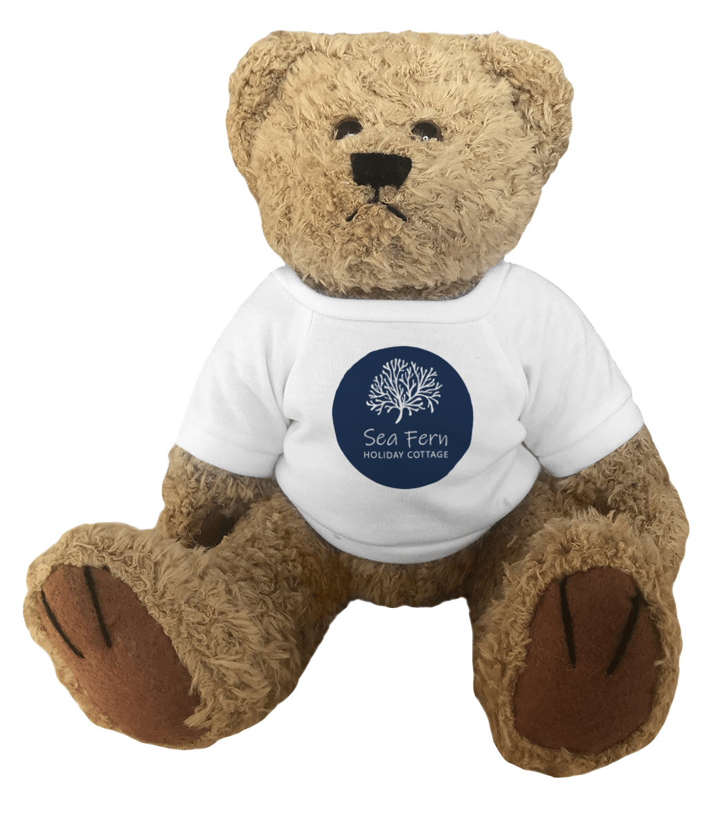 promotional teddy bear wearing a white t-shir with a logo.