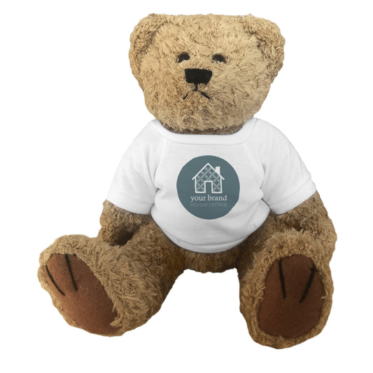 Branded teddies - fluffy teddy bear wearing a T-shirt with promotional logo.