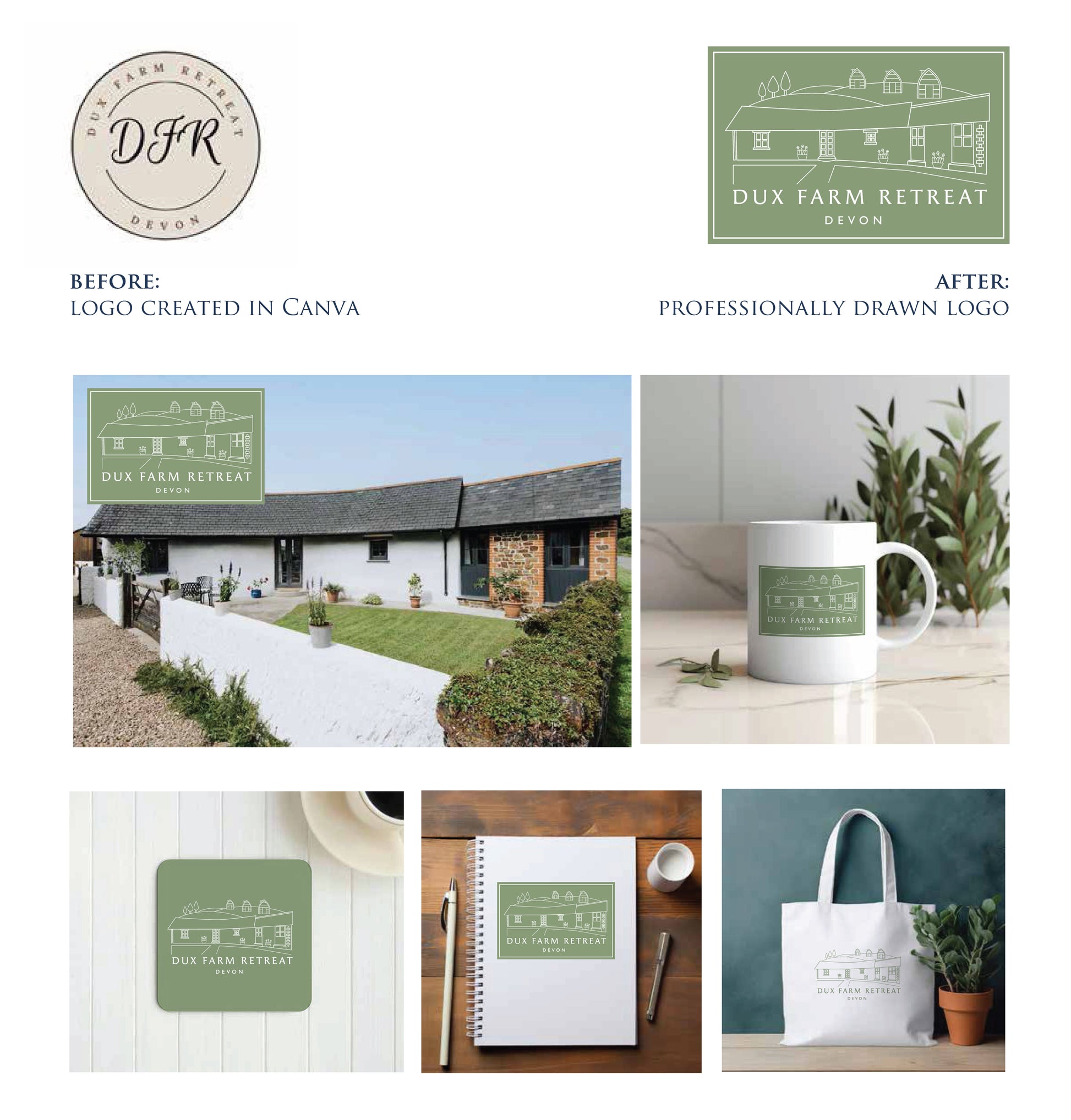 Before and after comparison of a logo created in Canva for Dux Farm Retreat.