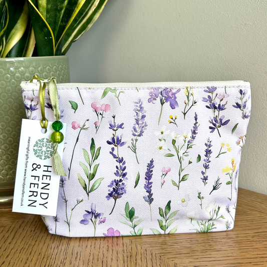 lavender toiletry bag with hendy and fern swing ticket and beaded zip pull