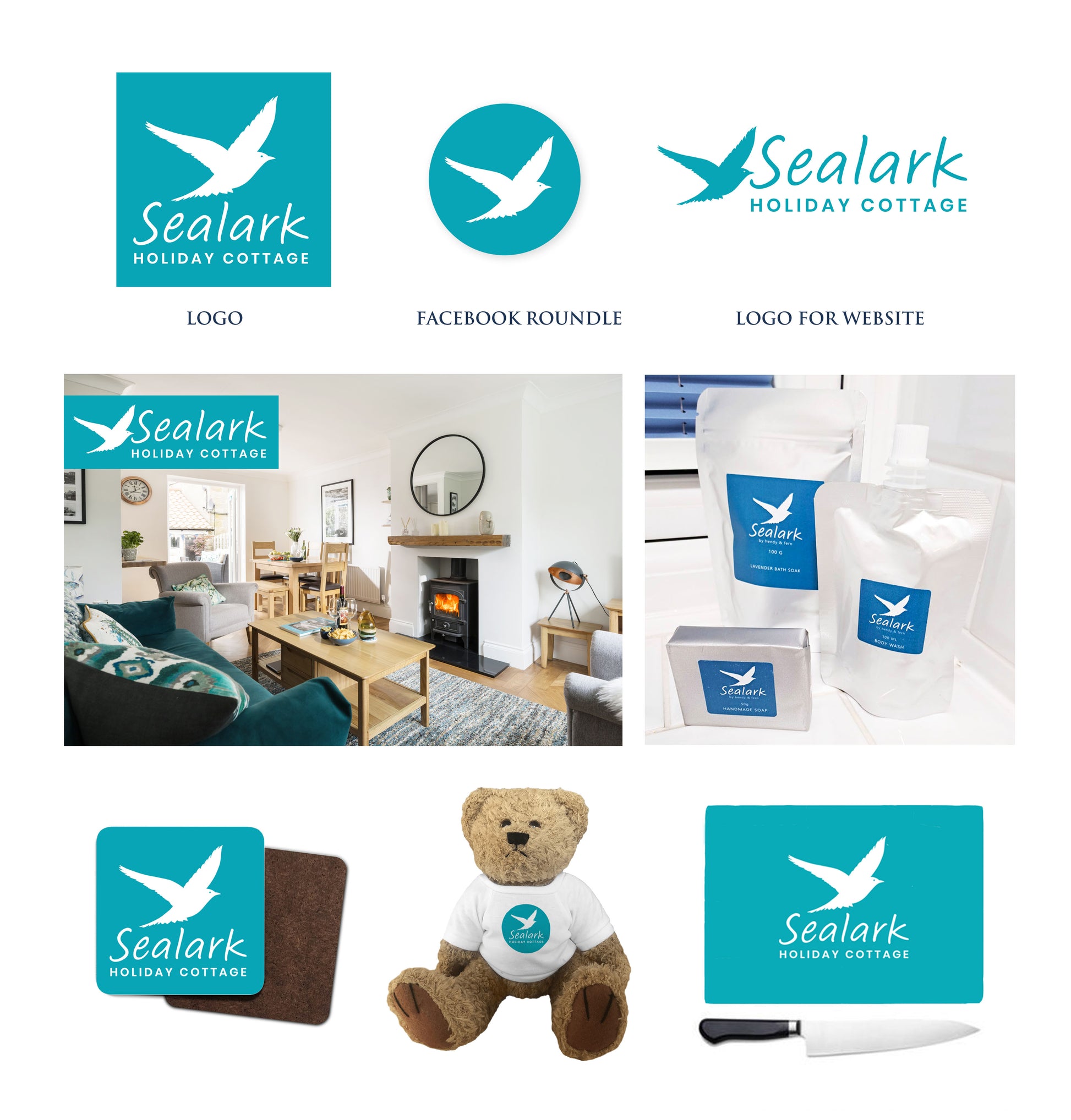 Sealark Holiday Cottage branded products including logo, Facebook roundel, and website logo, with a holiday cottage interior and branded products.